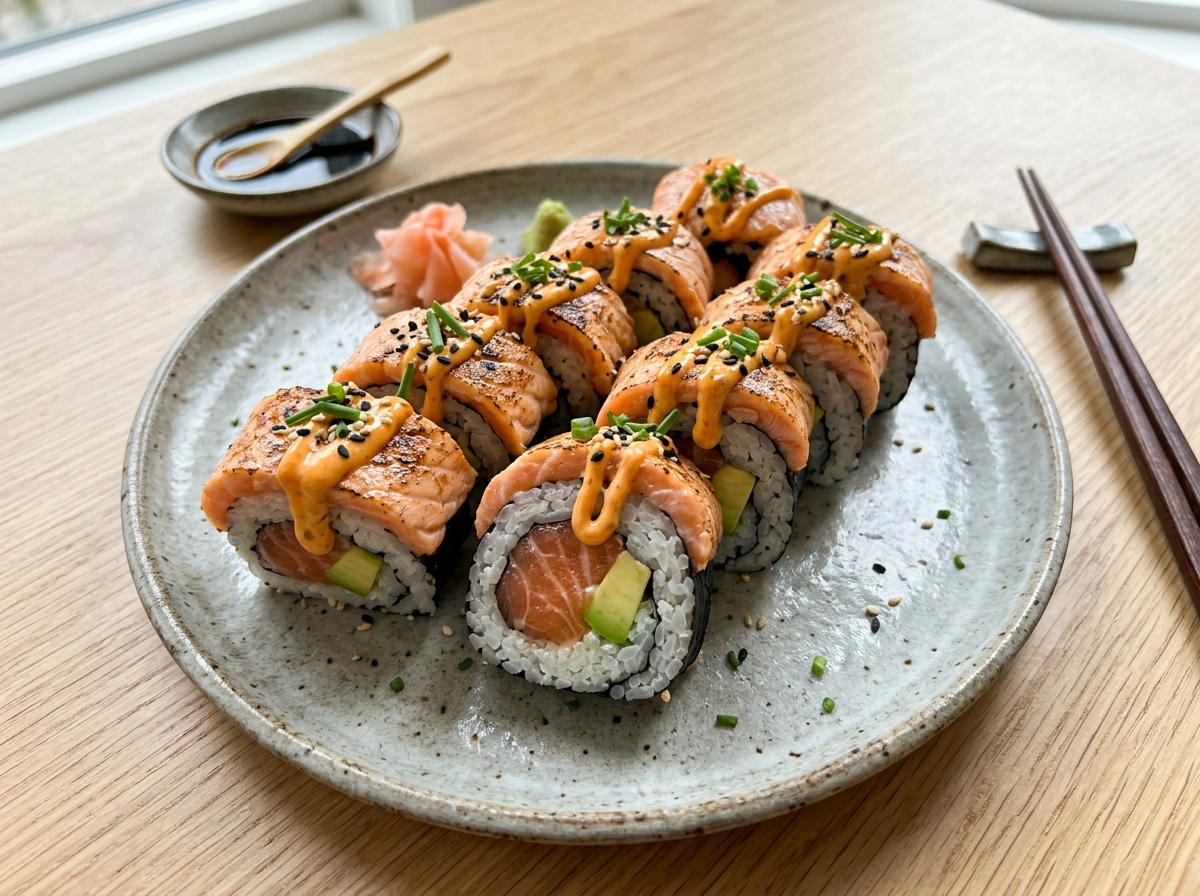 Luxe Sushi Rol met Geflameerde Zalm en Sriracha Mayo